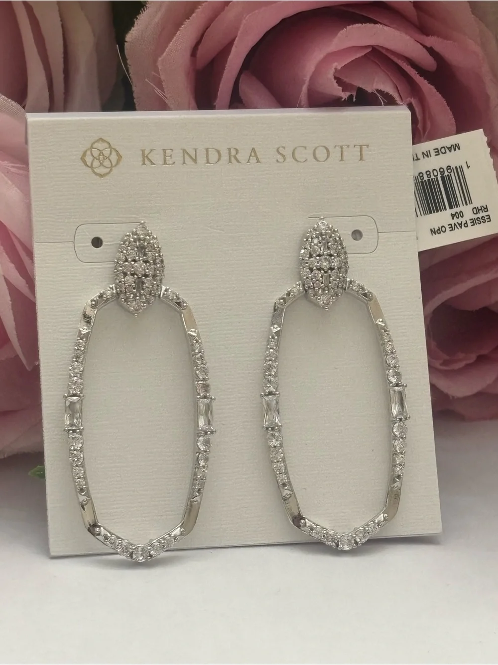 NWT Kendra Scott set of Essie Open Frame Earrings + necklace in silver White CZ